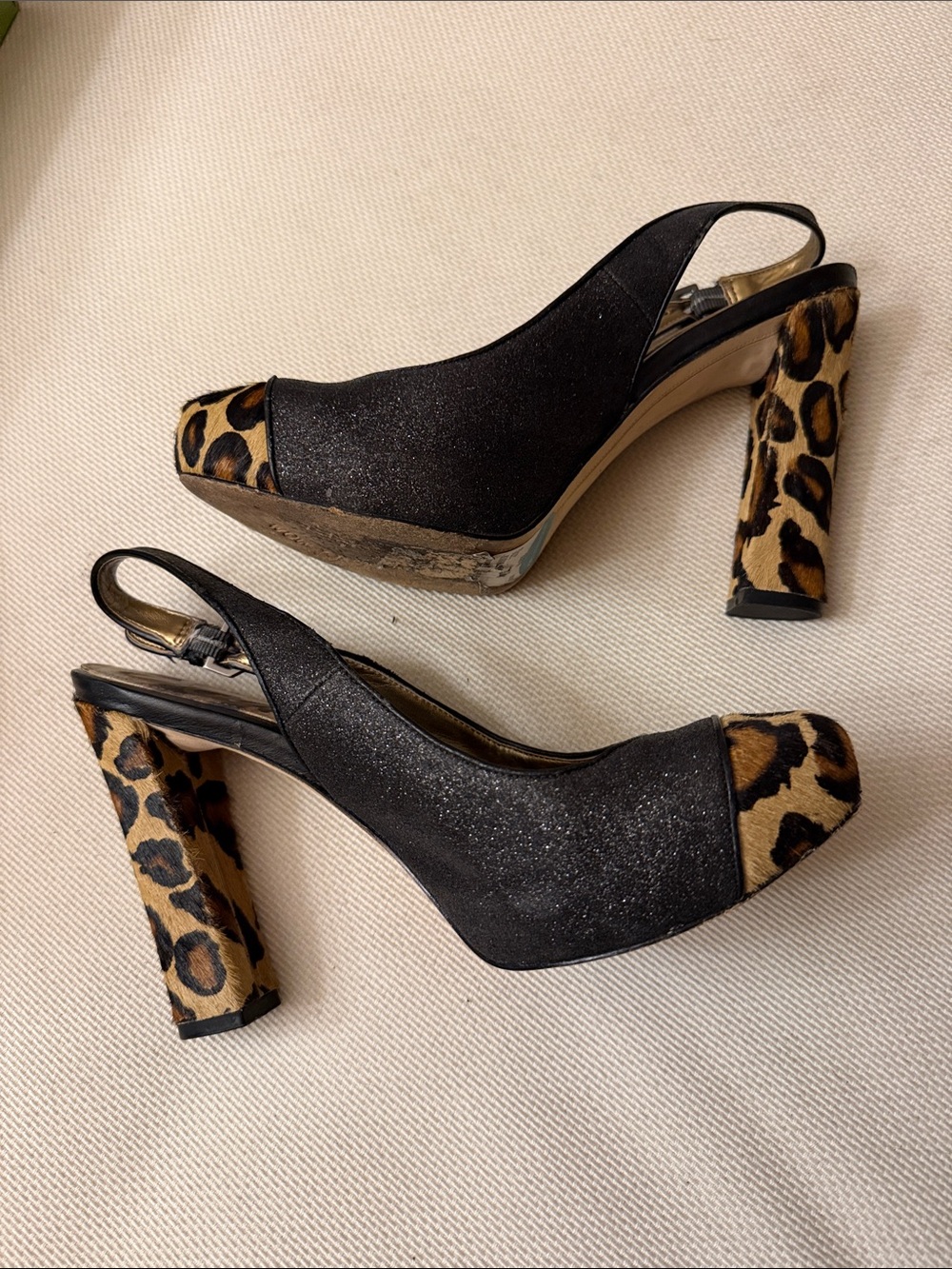 Sam Edelman Black Glitter Peep-Toe Heels with Leopard Toe